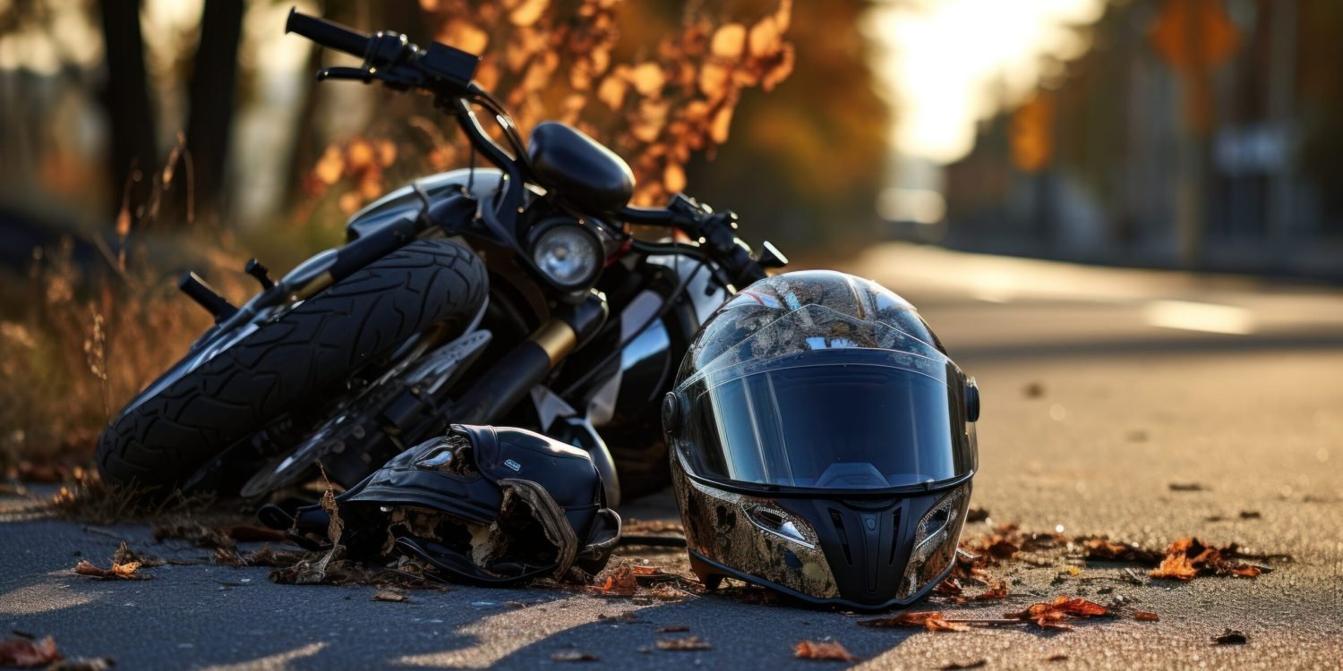 Photo of helmet and motorcycle on road, the concept of road accidents.
